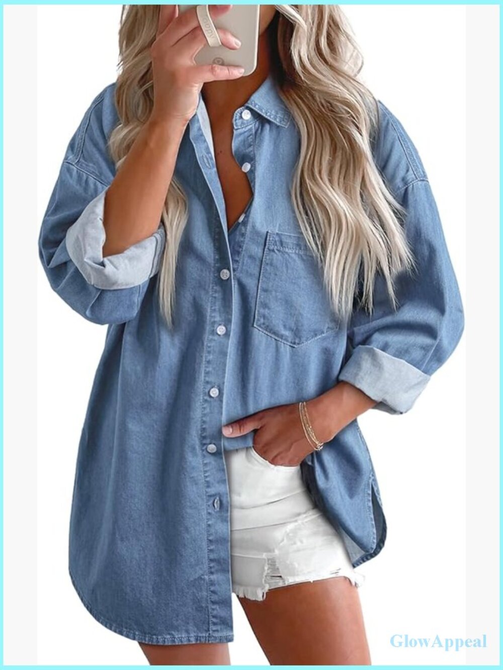 Women Denim Button Down Shirt Long Sleeve V-Neck Casual Tops
